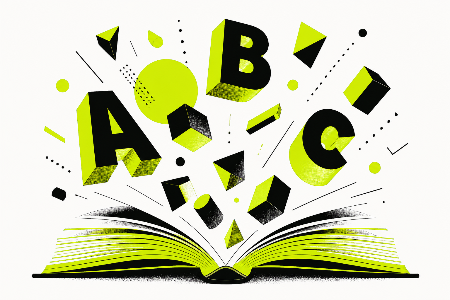Open book with geometric letter blocks